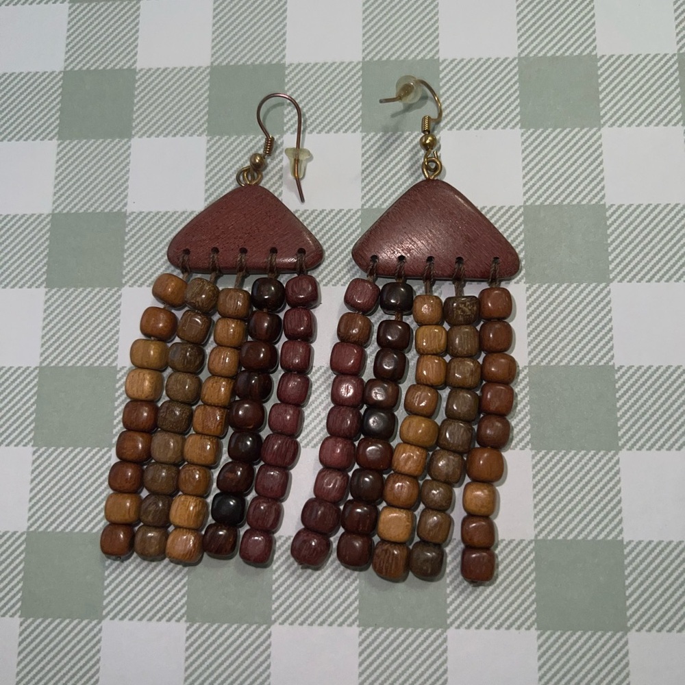 Wooden Beaded Dangle Earrings - Picture 6 of 6